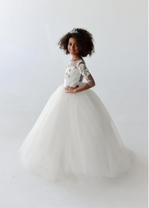 Three Quarter Sleeves Ivory 3D Lace Tulle Romantic Flower Girl Dress